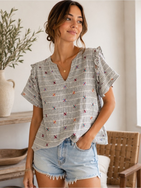 THML Tops - THML Size Small to Med Linen Blend Striped Embroidered Ruffle Sleeve Top Boho